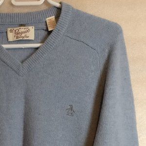 Iconic Penguin 100% Lambswool Heritage Sweater Vneck MEDIUM in Sky Blue Classic